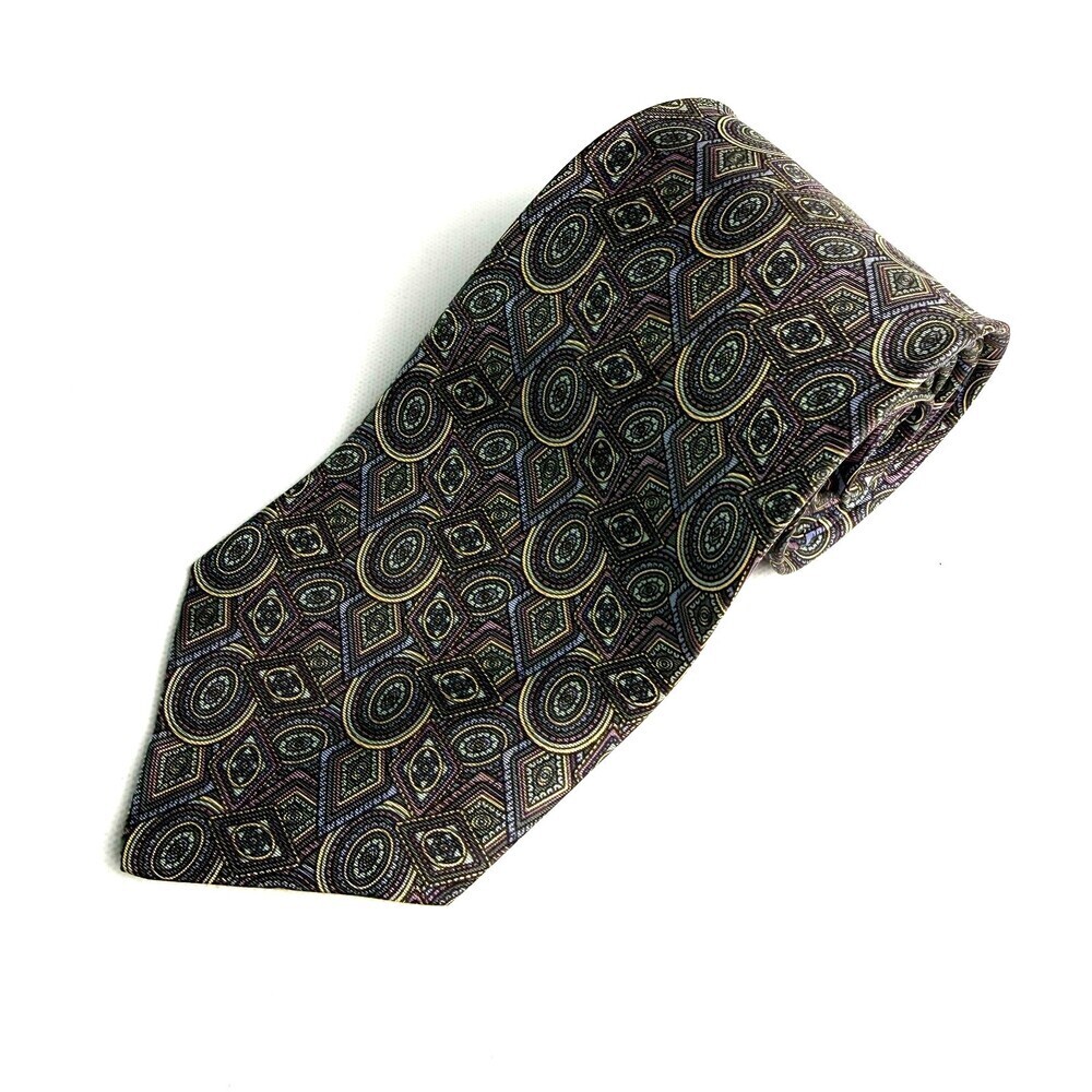 VTG Woodward’s Classic 100%Silk Tie Abstract Geometric Oval Diamond Green Purple